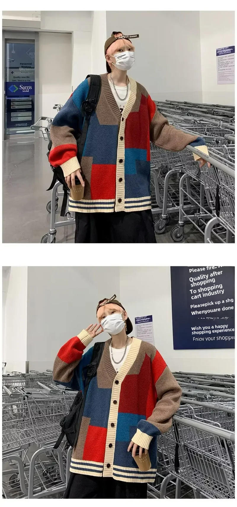 Description Picture 5 of itemAutumn/winter V-neck Color Blocking Cardigan Sweater Men's Loose Fit Trendy Knitted Top Couple Idle Style Jacket