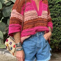 ZABA Women's Knit Jacquard Stripe Lapel Half Sleeve Short Sleeve Sweater + Casual Hollow Out High Waisted Shorts Two Piece Set