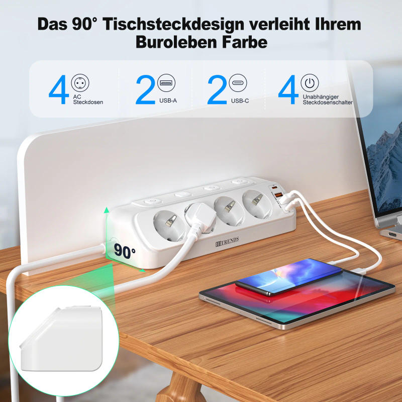 Description Picture 3 of itemEu Plug Desktop power board 4 AC power sockets separate switch 2 USB-A2 USB-C fast charging ports 2 meters extension cable white