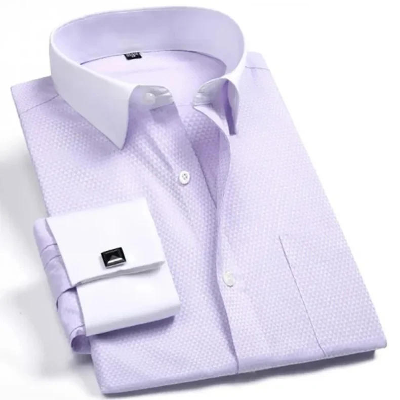 Description Picture 5 of itemMen's Collar French Cuff Dress Shirts Business Contrast  Single Patch Pocket Regular-fit Long Sleeve Social Wedding Party Shirt