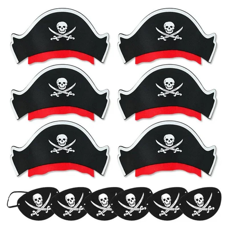 Description Picture 2 of item12 PCS Pirate Hat One-Eye Sticker Skull Pattern Halloween Captain Pirate Costume Cartoon Children Birthday Party Decoration