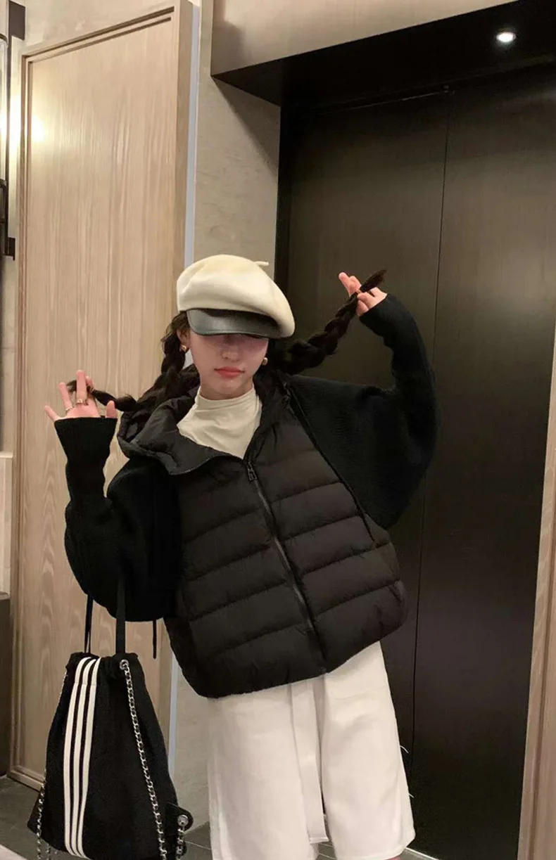 Description Picture 5 of itemWomen Down Coats Hooded Long Sleeve Knit Splice Solid Zipper Pockets Thick Warm Jackets Parkas High Street Winter 2024