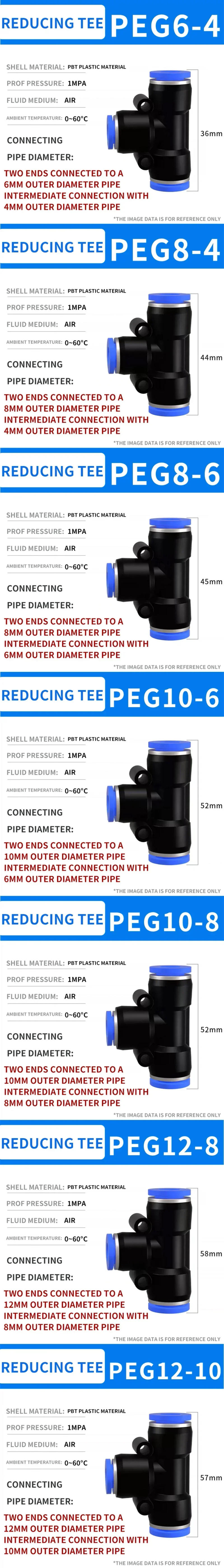 Description Picture 3 of item50/200PCS PEG 3-Way T-Shaped Pneumatic Fittings, 4mm 6mm 8mm 10mm 12mm OD Hose Tube Push-In Air Gas Quick Connectors