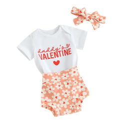 Baby Girls Shorts Set Short Sleeve Letters Print Romper Flower Print Shorts with Hairband Valentines Day Clothes