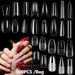 Makartt 500pcs Fake Nail Tips Coffin Clear Natural Gel Tips Full Cover False Acrylic Stiletto Ballerina Press on Nails XL M Size