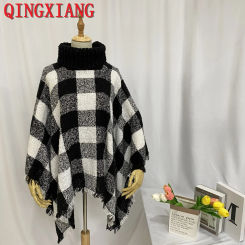 5 Colors Women Striped Shawl Pullover High Neck Loose Sweater Autumn Outstreet Knitwear Knitted Tassel Poncho Long Cape