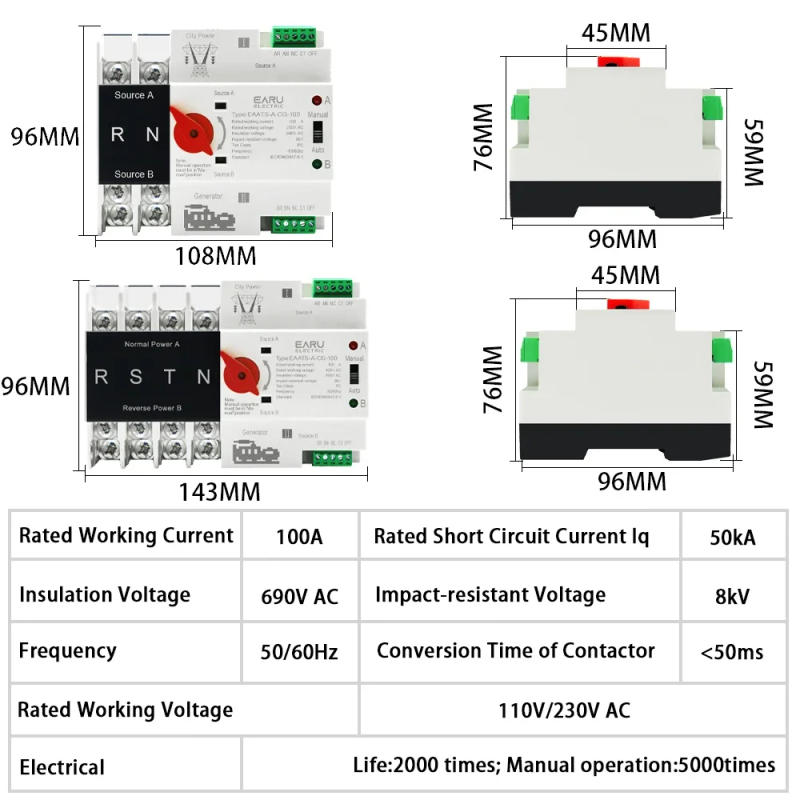 Description Picture 2 of itemSingle Phase Din Rail ATS PV 2P 4P 100A AC 110V 220V Dual Power Automatic Transfer Electrical Selector Switches Uninterrupted