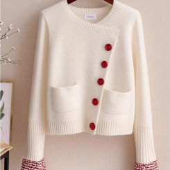Personalized Color Blocking Spliced Knitted Sweater 2025 New Spring Women's Chic Diagonal Buckle Elegant Cardigan Commuting Coat