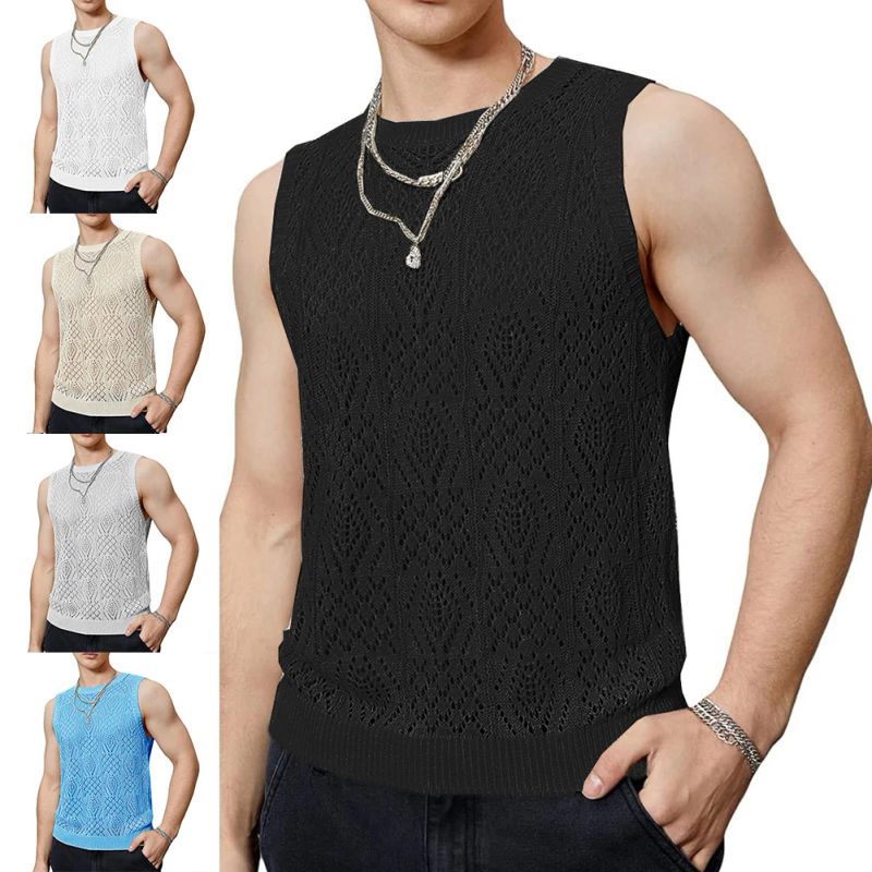Description Picture 3 of itemStreetwear Vest Thin Hollow Out Mesh Knitted Tanks Men Polyester S-2XL Sexy Summer Sleeveless Tank Top Brand New