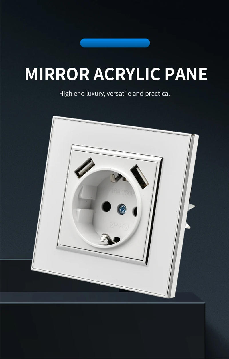 Description Picture 3 of itemWESA Black Mirror Acrylic Power Socket With 2 USB EU Standard Electrical Outlet Standard Ground Plug Wall Socket Flame Retardant