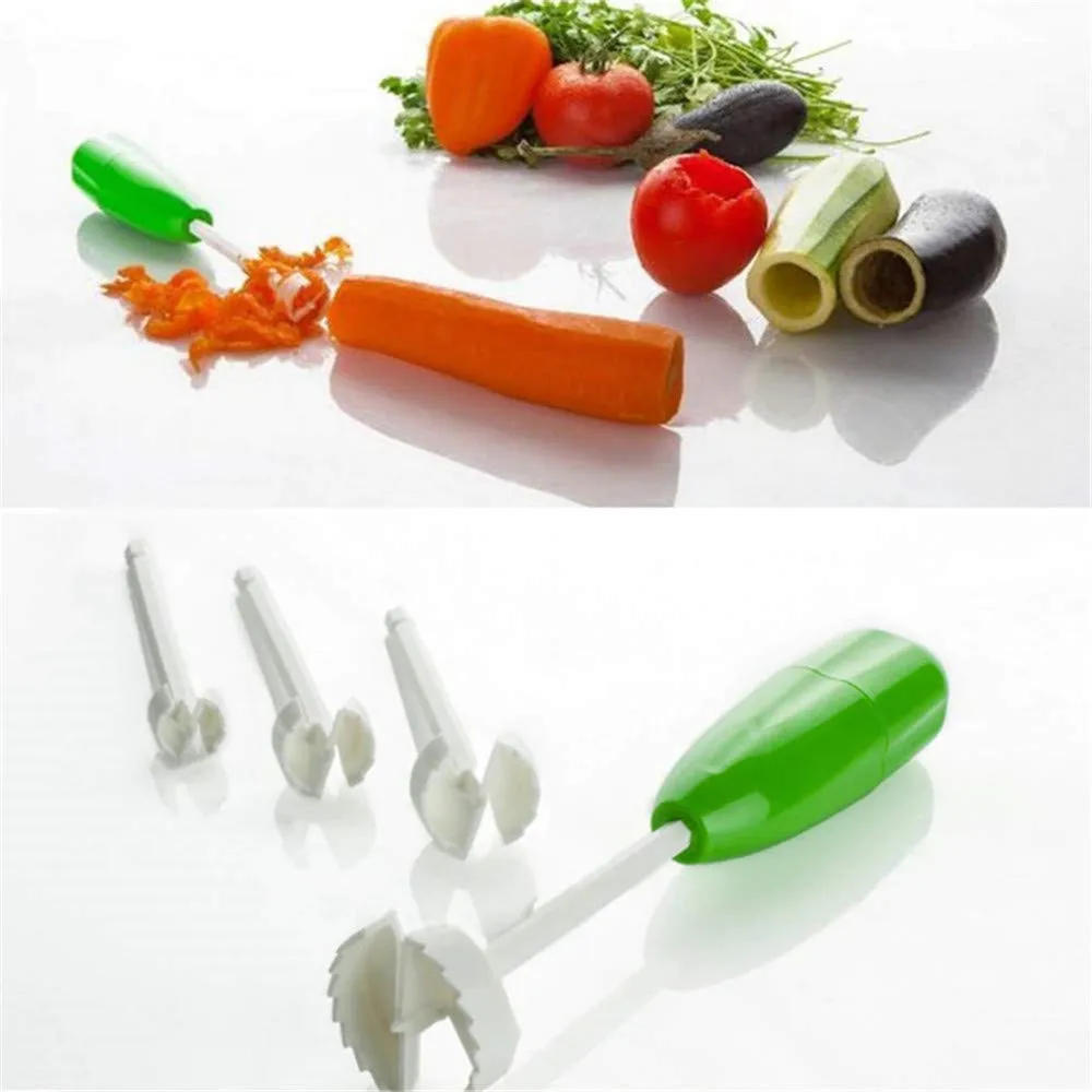 Description Picture 4 of item4 In 1 Fruit Vegetable Corer Spiral Digging Vege Drill Veggie Corkscrew Carver with 4Pcs Replaceable Head Spiralizer Cutter Tool