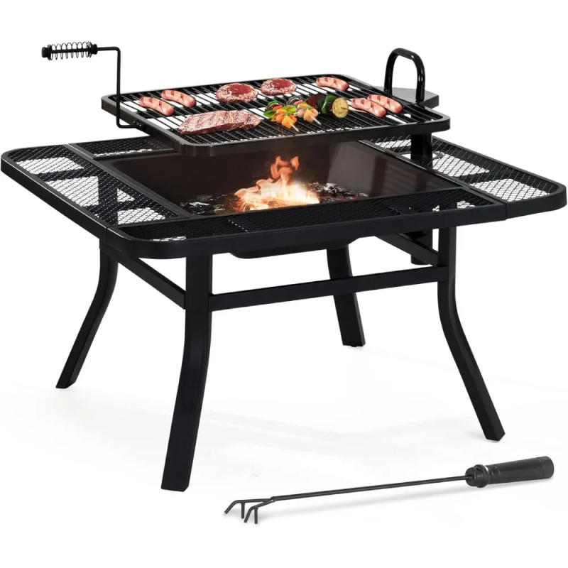 Description Picture 3 of item38 in. Fire Pit for Outside, Square Wood Burning Firepit Large Steel Fire Pits with Adjustable Cooking Swivel BBQ Grill a