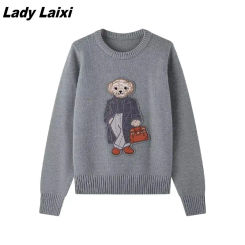 High Quality Elegant Bear Knit Sweater Loose Pullover Knitted Tops Luxury Knitwear Aesthetic Women Clothes Jumper