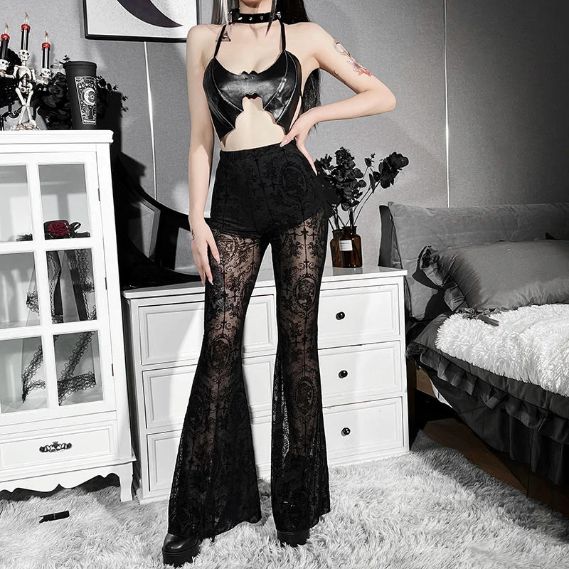 Description Picture 6 of itemAltGoth Fairycore Grunge Gothic Pants Women Punk Sexy See Through Lace Patchwork Flare Pants Streetwear Vintage Trousers Female