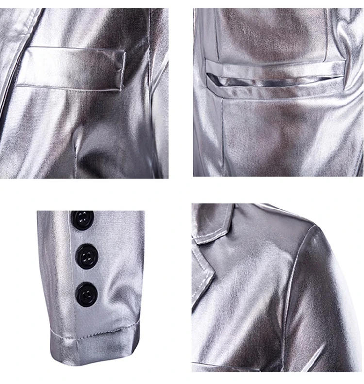 Description Picture 5 of itemHot Stamping Glossy Casual Suit for Men Slim Fit 2 Piece Solid Shiny Party Gold Silver Black Suit for Men Blazer Jacket & Pants