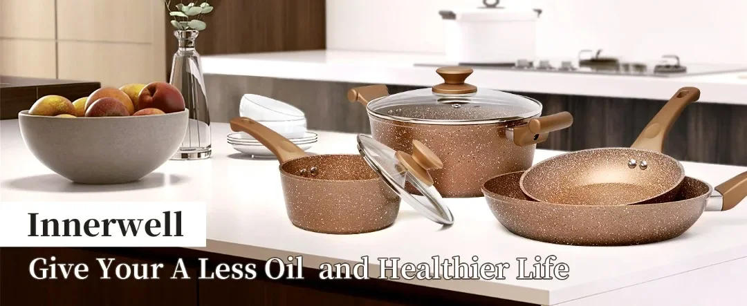 Description Picture 4 of itemInnerwell Kitchen Frying Pan Stockpot Milk Pot 8Pcs/Sets with Lid Nonstick Toxin Free Cookware Egg Skillets Suitable All Stoves