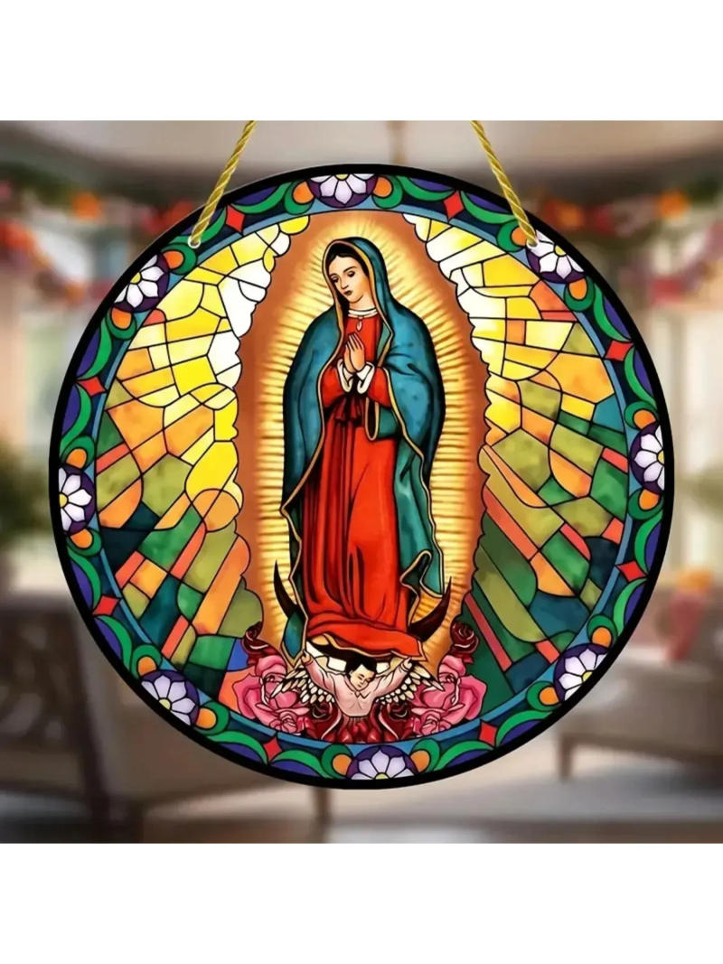 Description Picture 6 of itemChristian Religion Mary Suncatcher,Translucent Stained Window Hanging,Round Acrylic Sign,Porch,Wall,Home,Room,cafe Holiday Decor