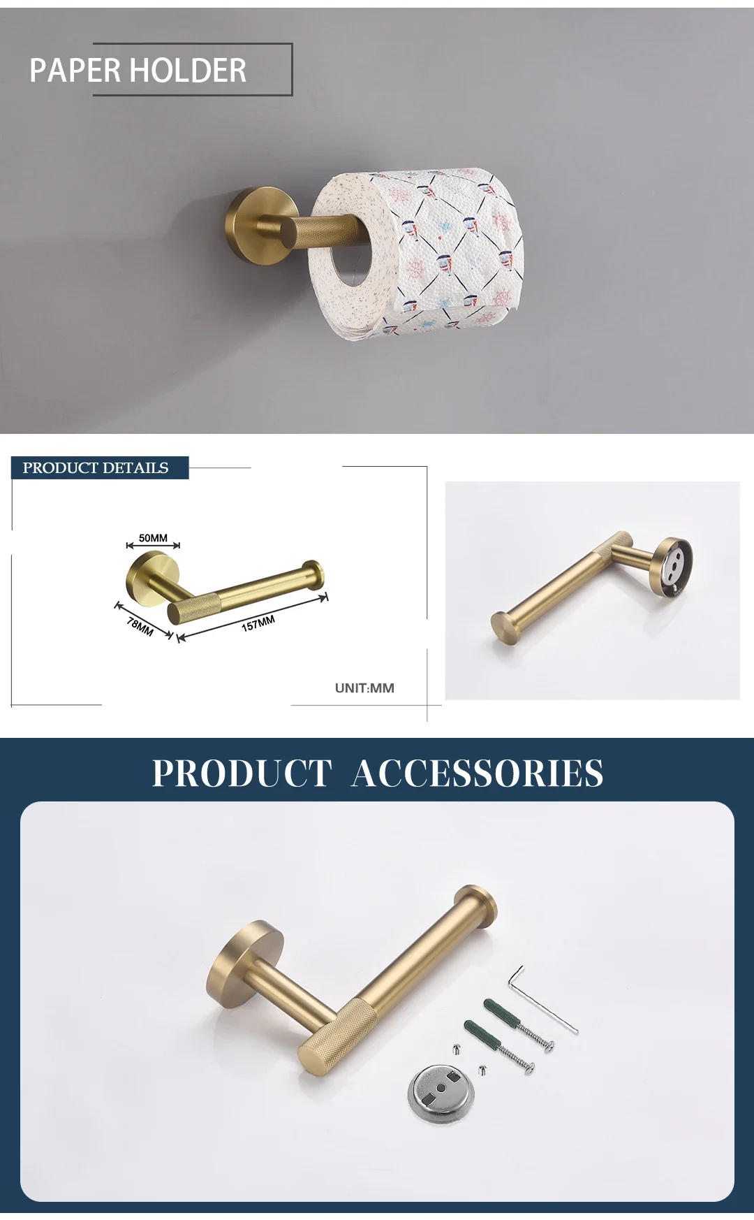 Description Picture 5 of itemBrushed Gold Brass Knurling Bathroom Accessories Set Wall Mount Hand Towel Rack Toilet Paper Holder Robe Hook Hanger