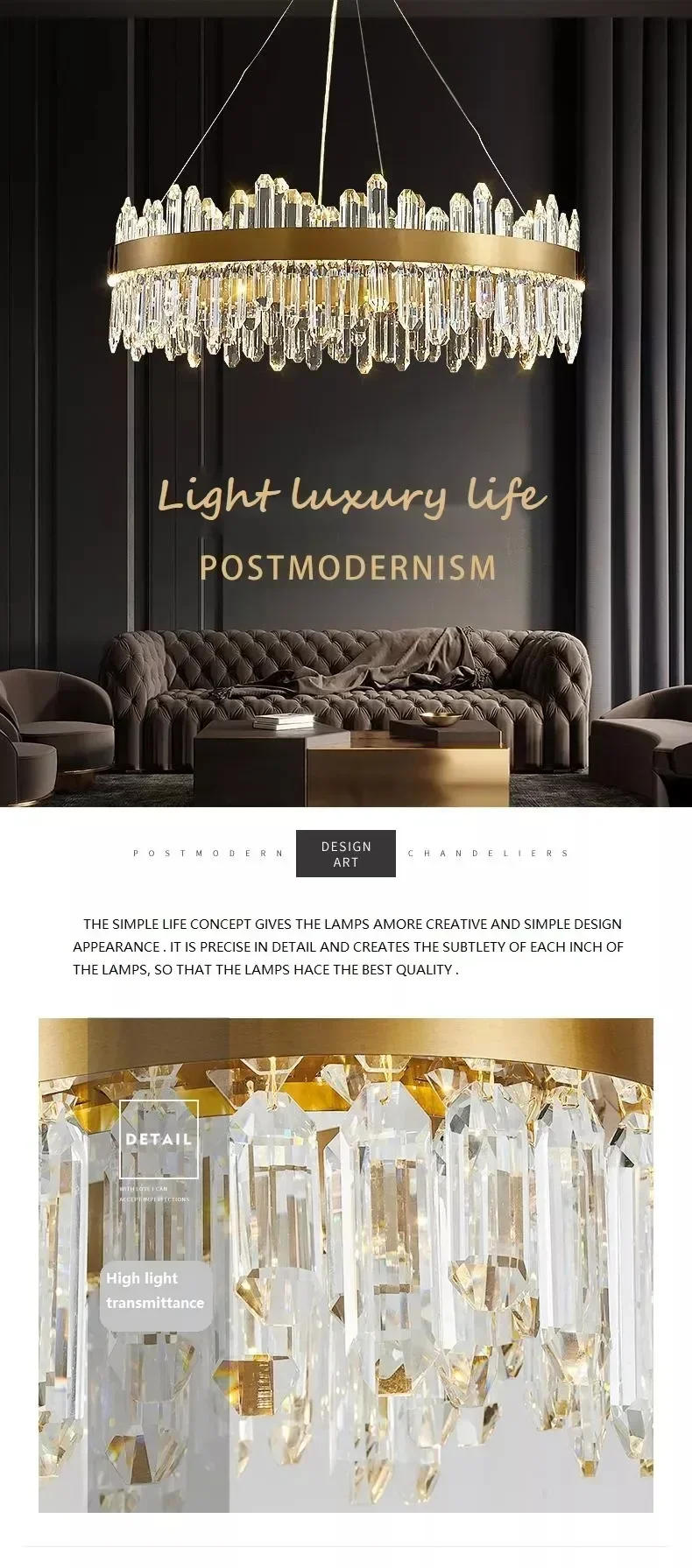 Description Picture 5 of itemModern Smoke Grey Crystal Led Chandelier for Living Dining Room Food Tables  Bedroom Lamp Home Decor Hanging Light Fixture