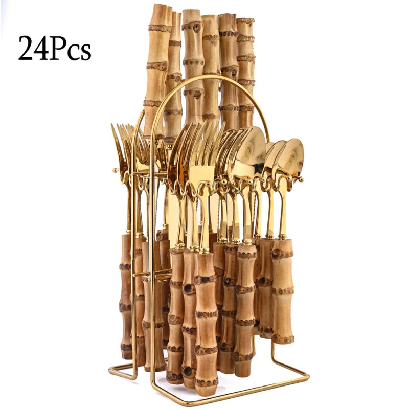 Description Picture 2 of item24Pcs Creative Tableware Set Bamboo Handle Stainless Steel Dinnerware Set Knife Fork Spoon Tableware Set Luxury Cutlery Rack