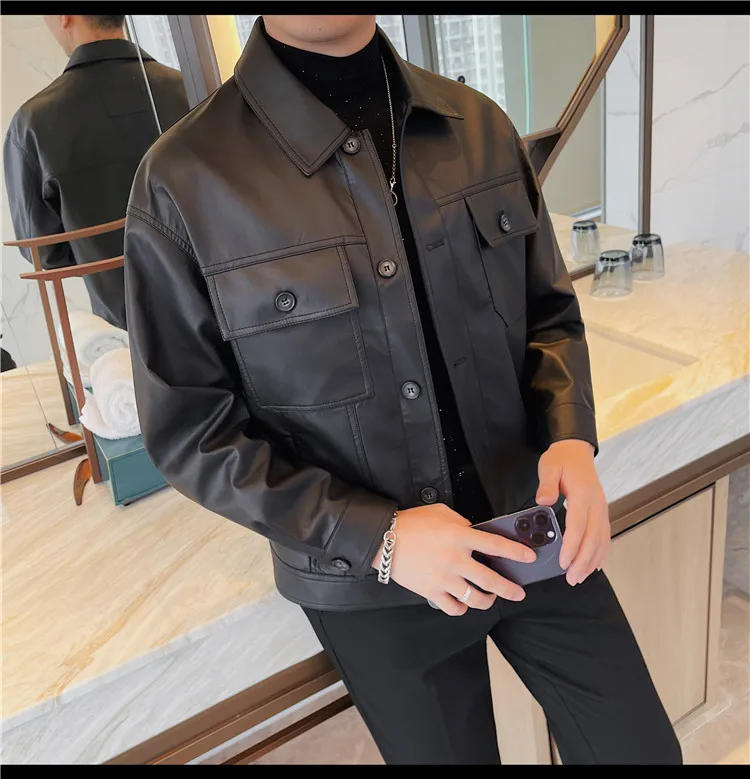 Description Picture 6 of itemMultiple Pockets Faux Leather Jackets Mens All-match Single-breasted Solid Coat Mens Business High Quality PU Leather Jacket 4XL