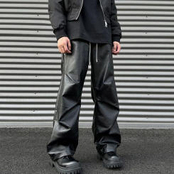 Mens Autumn American Y2k Pleated Pu Leather Pants New Essential Casual Loose Comfort Biker Trendy Street Wide Leg Pants For Men
