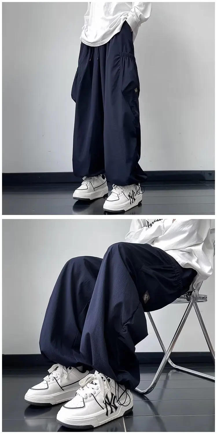 Description Picture 6 of itemy2k  Loose Pocket Fashionable Drawstring Foot Overalls Wide-leg Trousers streetwear men pants joggers cargo pants men korean