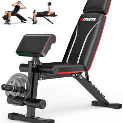 Weight Bench, Foldable Workout Bench for Home Gym, Bench Press with Leg Extension & Preacher Pad, Extra Headrest, Incline Sit Up