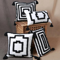 1Pc Black Stripe Tufted Throw Pillow Covers , Moroccan Decorative Pillow Cases with Tassels for Couch Sofa Bedroom Living Room