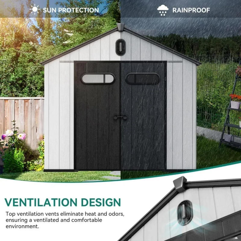 Description Picture 6 of itemOutdoor Resin Storage Shed with Floor, Lockable Door, Windows & Vents, Plastic Tool Storage, Lawn Mower, and Bike Storage 8x8 Ft