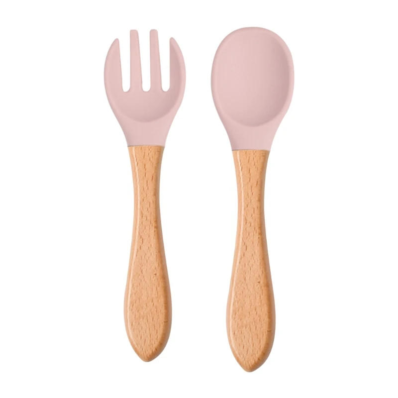 Description Picture 3 of item2PCS/Set Baby Feeding Spoon Fork Wooden Handle Spoon Fork Set Soft Silicone Tip Spoon Fork BPA Free Food Grade Infant Toddlers