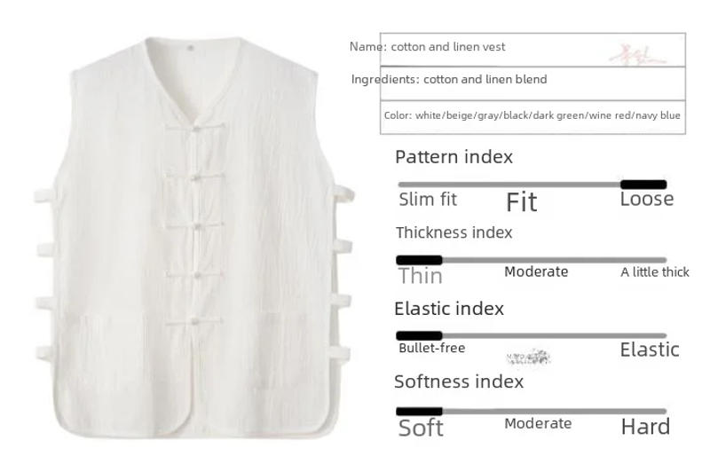 Description Picture 3 of itemTrendy Vintage Linen Shoulder Vest Shirt Summer Chinese Style Youth Tang Costume Vest Without Sleeves Middle Class Men's Blazer