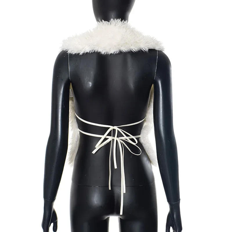 Description Picture 6 of itemWhite Fluffy Sexy Backless Halter Faux Fur Vests Women 2025 Winter Fashion Slim Sleeveless Fake Fur Y2K Cropped Jackets Female
