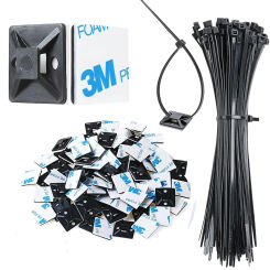 200pcs Self-Locked Nylon Cable Tie+  Nylon Square Plastic 3M Self Adhesive Wire Zip Fixed Seat Holder Cable Tie Mount Base