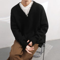 V Neck Winter Sweater Men Cashmere Pullover Men Fashion Knit Loose Mens Sweaters Harajuku Streetwear Soft Warm Men Clothing D61