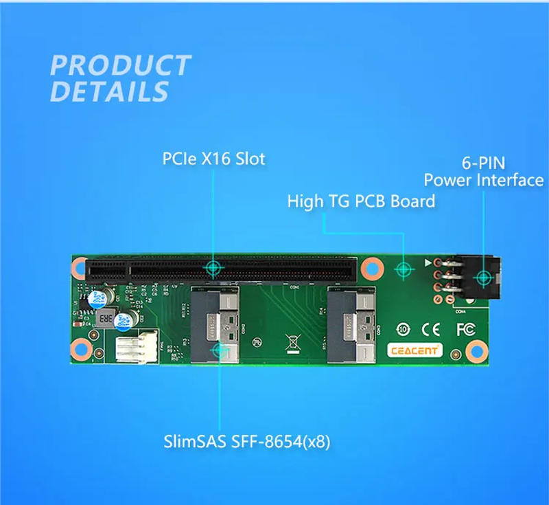 Description Picture 2 of itemCNS52CX16R 2-Port SlimSAS SFF-8654 8i to PCIe4.0 x16 Adapter, PCIe slot extend for PCIe Gen4.0 GPU/Network Card