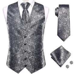 Hi-Tie Luxury Silk Mens Waistcoat Tie Set White Black Gray Silver Brown Sleeveless Jacket Suit Vest Necktie Hanky Cufflinks Gift