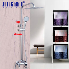 JIENI Wall Mounted LED Rainfall Shower Set Luxury 8 inch Square Head Chrome Finished With Hot And Cold Water Mixer Faucet Taps
