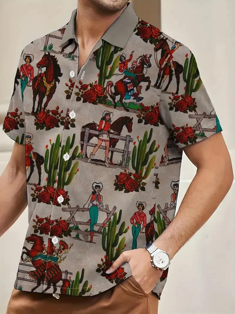 Description Picture 3 of itemVintage Painting Print Men's Camp Lapel Shirt - Short Sleeve Hawaiian Spring Summer Shirt for Daily Vacations and Beach Vacation