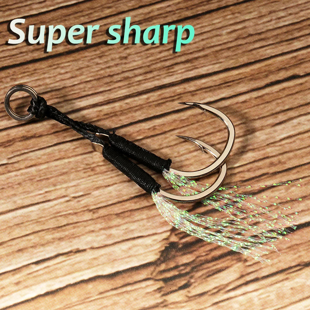 Description Picture 5 of item10 Pairs Cast Jig Assist Hook High Carbon Steel Angle Barbed Thread Feather Fishing Tackle Slow Jigging Tool Pesca Lure Fishhook