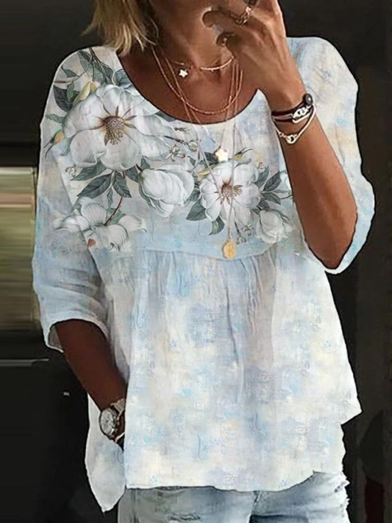 Description Picture 5 of itemFashion Loose Shirt Woman Elegant Round-Neck Woman Shirt Printed Casual Woman Shirt Holiday Weekend Top