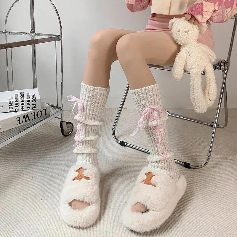 Description Picture 6 of itemWomen Cute Cross Bowknot Lace-up Leg Warmers Y2k Lolita Ballet Style Subculture Knitted Fabric Slimming Warm Slouchy Sock Covers