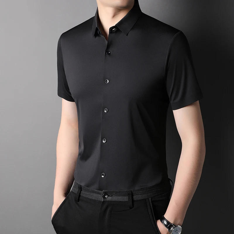 Description Picture 5 of itemMLSHP High Elasticity Summer Men's Shirts Luxury Short Sleeve Solid Color Seamless Business Casual Male Dress Shirts 4XL