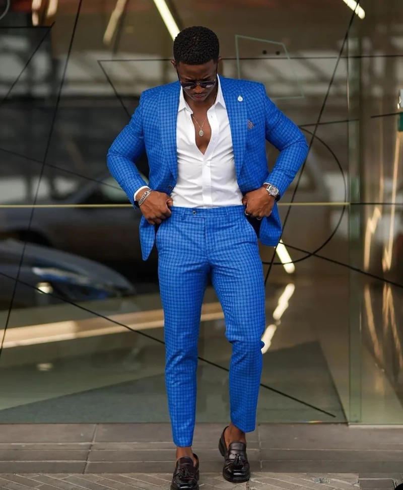 Description Picture 5 of itemBlue Men's Suits Tailored 2 Pieces Blazer Pants Peaked Lapel Single Breasted Plaid Cubes Modern Wedding Custom Made Plus Size