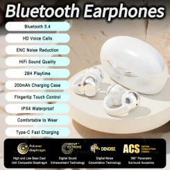 TWS Earbuds Ear Clip Bluetooth 5.4 Earphones 28H Playtime ENC Noise Cancelling IPX4 Waterproof Handsfree for iOS/Android - White
