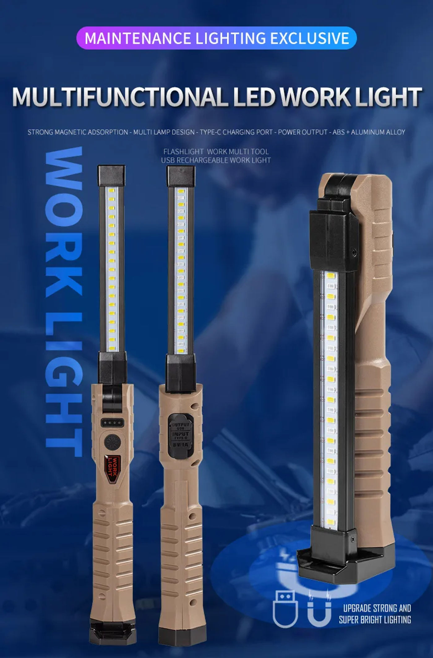 Description Picture 4 of itemC2 Foldable LED Work Light With Strong Magnet Rechargeable COB Lantern Searchlight Outdoor Car Repair Emergency Flashlight Tools