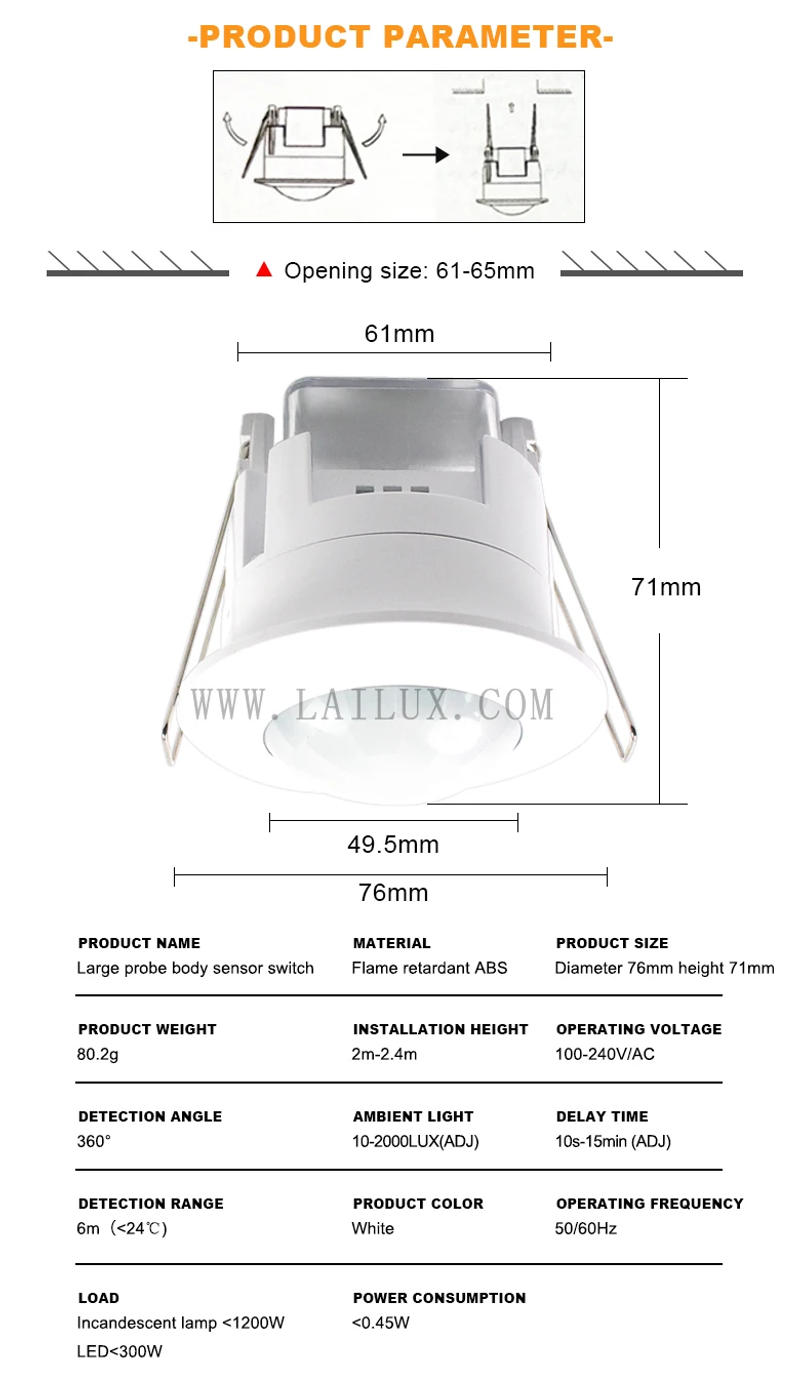 Description Picture 3 of itemAC110-220V 360°Human PIR Sensor Ceiling mounted Flat Infrared Motion Sensor Adjustable Time Off, LUX Light sensitive Switch