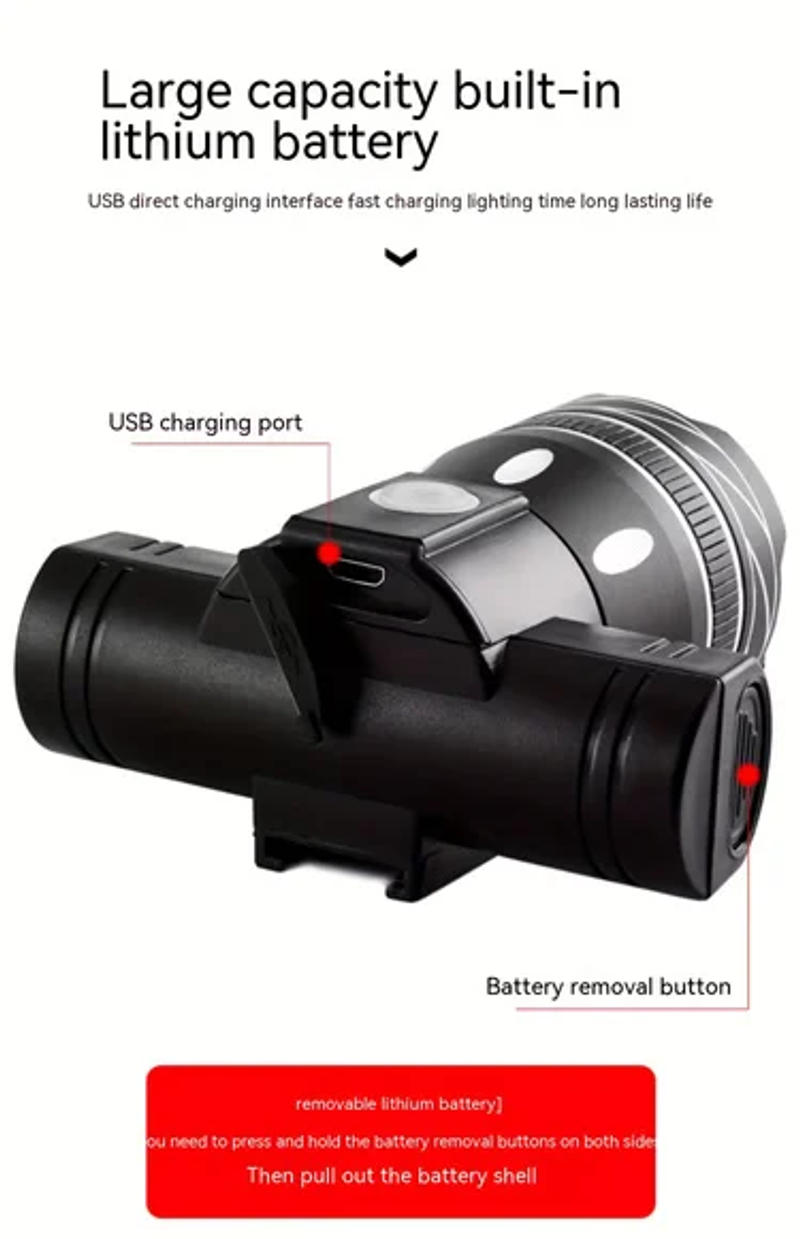 Description Picture 5 of item1200 MAh Bicycle Light Headlamp Night Aluminum Mountain Bike Rechargeable 3 Light Modes, Cycling Gear