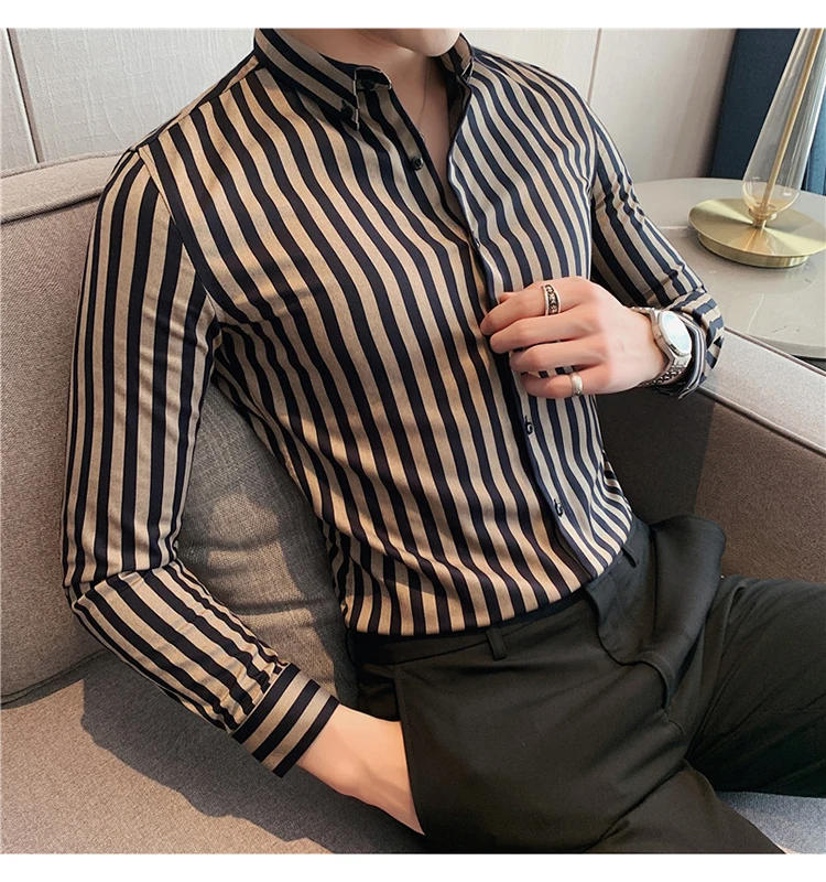 Description Picture 6 of item2024 Masculina Spring Shirts Men Dress Vertical Stripe Streetwear Slim Men Shirt Casual Long Sleeve Chemise Homme Tuxedo Shirt