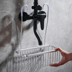Silver/Black/Grey Hanging Shower Basket with Hooks Large Capacity Bathroom Storage Rack Rustproof Bathroom Hanging Shelf Home